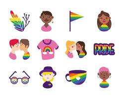 bundle of gay pride icons and people hand draw style vector