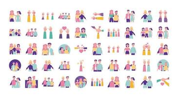 happy friendship day celebration with people and icons set vector