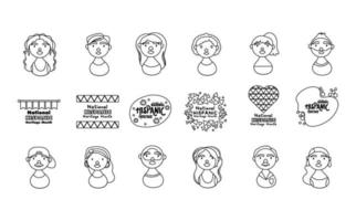 people characters and national hispanic heritage letterings line style icons vector