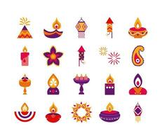 paquete de veinte diwali set iconos de estilo plano vector