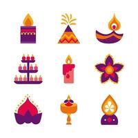 paquete de nueve diwali set iconos de estilo plano vector