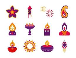 paquete de doce diwali set iconos de estilo plano vector