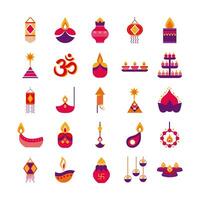 bundle of twenty five diwali set flat style icons vector