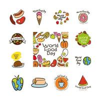 bundle of thirteen world food day celebration letterings flat style icons vector