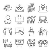 paquete de dieciséis iconos de estilo de línea de conjunto de coworking vector