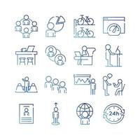 paquete de dieciséis iconos de estilo degradado de colección de conjunto de coworking vector