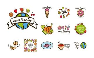 paquete de doce leyendas de celebración del día mundial de la comida estilo plano vector