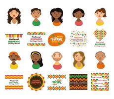 people characters and national hispanic heritage letterings flat style icons vector