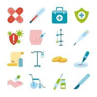 paquete de dieciséis iconos de conjunto médico vector