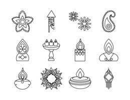 paquete de doce iconos de estilo de línea de diwali vector