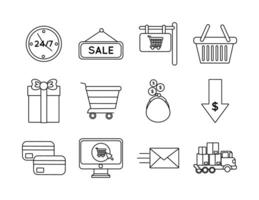 paquete de doce iconos de conjunto de compras vector