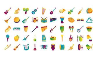 paquete de cincuenta instrumentos musicales establecer iconos vector