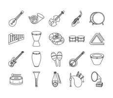 Paquete de veinte instrumentos musicales set iconos de colección vector