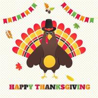 Happy thanksgiving day flat style design poster vector illustration with turkey text give the thanks and autumn maple leaf Turkey with hat and colored feathers celebrate holidays