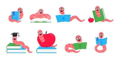 Worm with apple cartoon character icon sigh Worm with face expression set vector