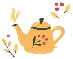 Teapot with tea and berries Tea time mug teapot and herbs fruits ingredients for drinks Autumn mood hot tea and berries Kettle tea teapot with berries and vitamins Cozy vector illustration