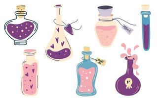 Set of magic potions Bottles with colorful liquid Poison potion of love cone with elixir Magic symbol for inviting love greeting cards and print Design for Halloween Vector illustration