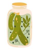 Pickles in jar isolated jar of pickled cucumbers Fermented veggies Marinated vegetables in can homemade production full of probiotics Crunch gherkin with salt Organic product Vector