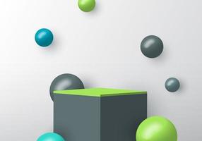 Podio cuadrado gris y verde realista 3d para el escaparate de su producto con decoración de bolas de esfera sobre fondo blanco vector