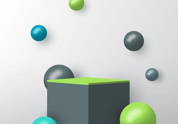 3D realistic gray and green square podium for your product showcase with sphere ball decoration on white background