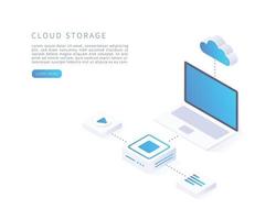 concepto de almacenamiento en la nube en servicio digital de ilustración vectorial isométrica o aplicación con transferencia de datos vector