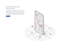 Mobile navigation application in isometric vector illustration City isometric plan with buildings road gps tracking on smartphone Map on mobile application