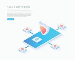 Data protection concept Scan fingerprint and Identification system Vector isometric with smartphone and security signs
