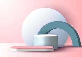 3D realistic blue pastel geometric display product with podium and circle backdrop minimal scene pink background vector