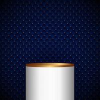 3D realistic white and gold pedestal cylinder product shelf on blue geometric squares pattern design with golden dots luxury background and texture vector