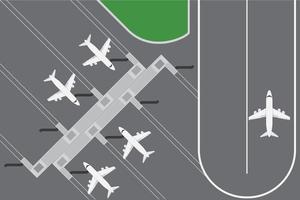 Ilustración de vector de diseño plano del edificio del aeropuerto con planes de terminal con pista