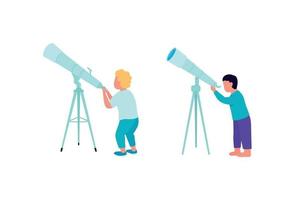 Kids looking into telescope flat color vector faceless character set