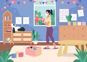 Kindergarten teacher sanitize toys flat color vector illustration
