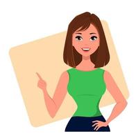 Young cartoon businesswoman making gesture pointing something vector