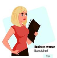 Young cartoon businesswoman in office dress holding document case vector