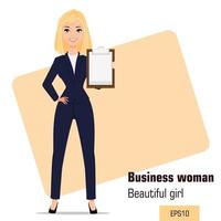 Beautiful blonde girl in office clothes showing checklist while presentation vector