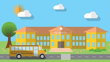 Ilustración de vector de diseño plano del edificio de la escuela y autobús escolar estacionado en estilo de diseño plano, ilustración vectorial