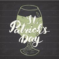 Happy St Patrick's Day Vintage greeting card Hand lettering on beer cup silhouette, Irish holiday grunge textured retro design vector illustration on chalkboard background.