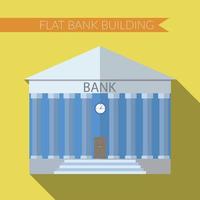 Flat design modern vector illustration of bank building icon, with long shadow on color background