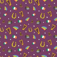 Conjunto de garabatos dibujados a mano del día de San Patricio, con duende, olla de monedas de oro, arco iris, cerveza, trébol de cuatro hojas, herradura, arpa celta y bandera de irlanda ilustración vectorial aislado en blanco. vector