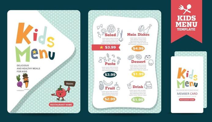 Cute colorful kids meal menu vector template