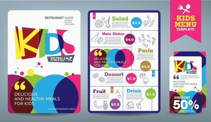 Cute colorful kids meal menu vector template
