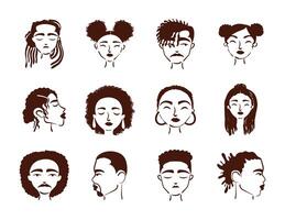 grupo de doce personajes de avatares de personas de etnia afro vector