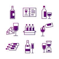 paquete de nueve iconos de set de vino vector