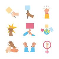 bundle of hands protest set icons vector