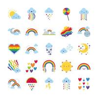 bundle of twenty five rainbows and kawaii characters icons vector