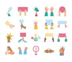 bundle of hands protest set icons vector