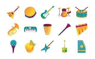 Paquete de quince iconos de conjunto de instrumentos musicales vector