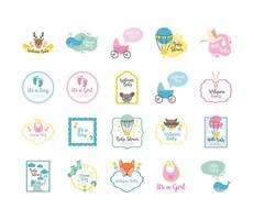 bundle of twenty baby shower set icons vector