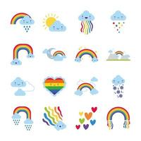 bundle of sixteen rainbows and kawaii characters vector