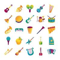 Paquete de veinticinco instrumentos musicales set iconos de colección vector